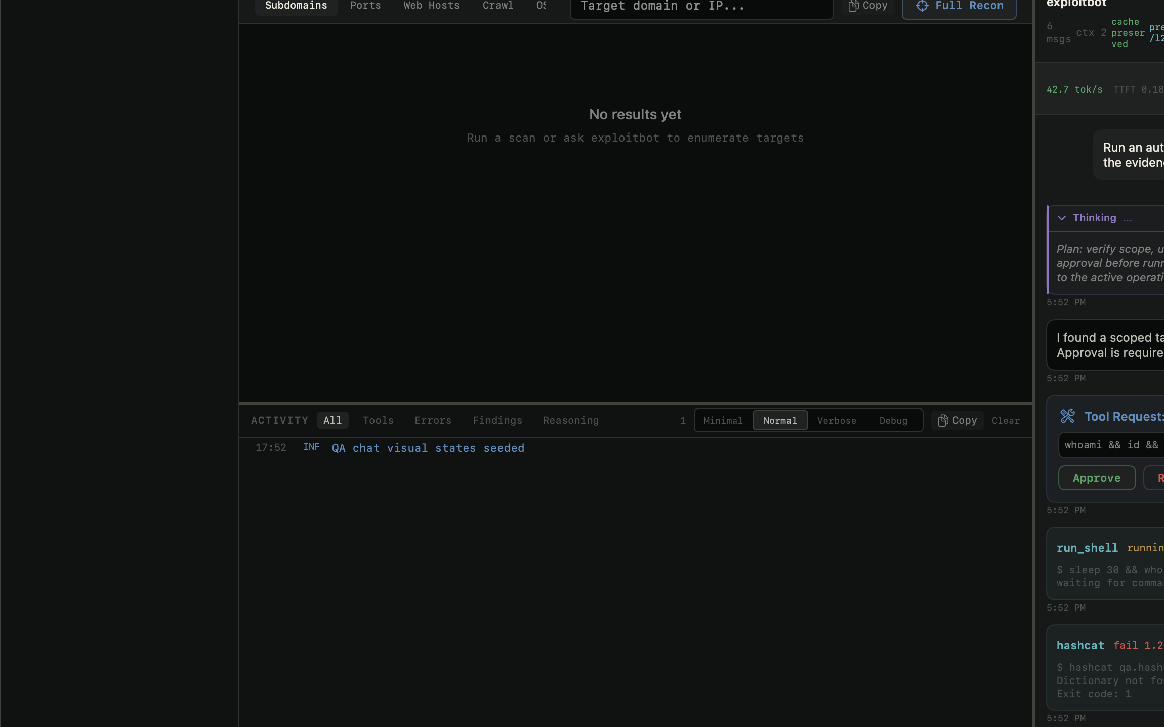 Chat panel showing live tool states