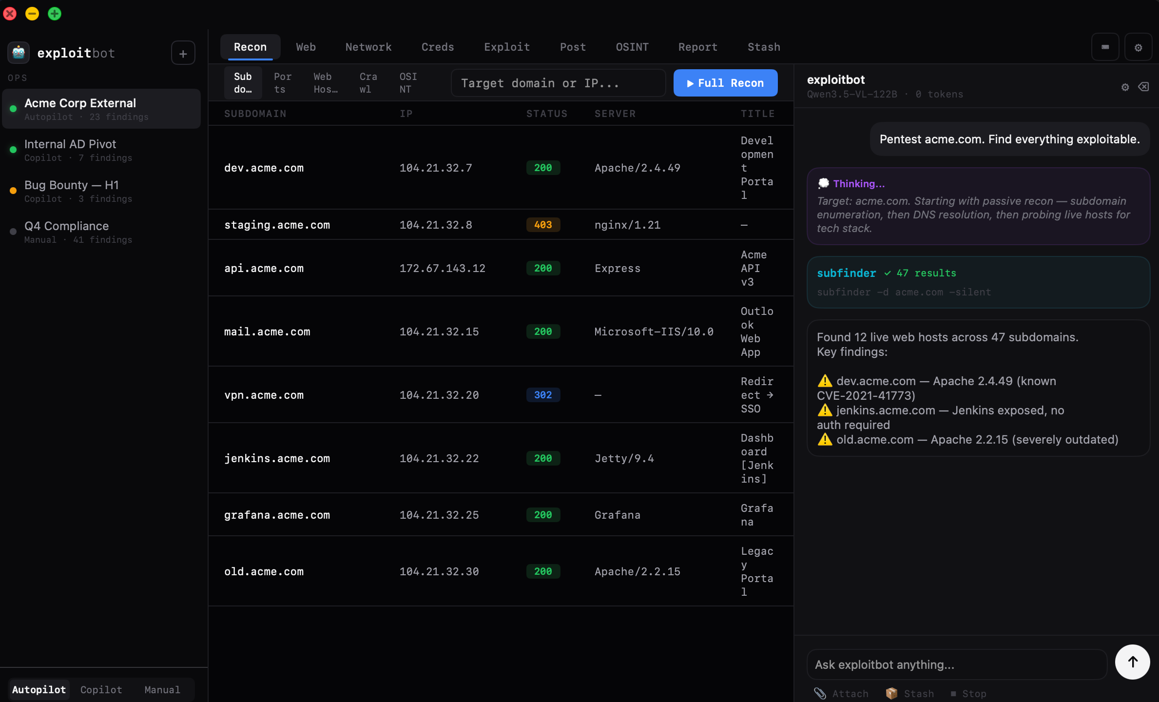 exploitbot workspace — recon results, host table, AI assistant, and integrated terminal in a single view