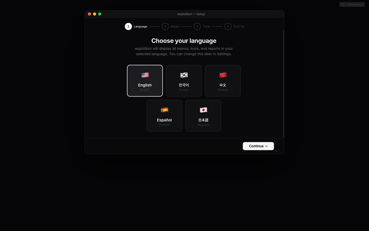 exploitbot language selection — English, Korean, Chinese, Spanish, Japanese