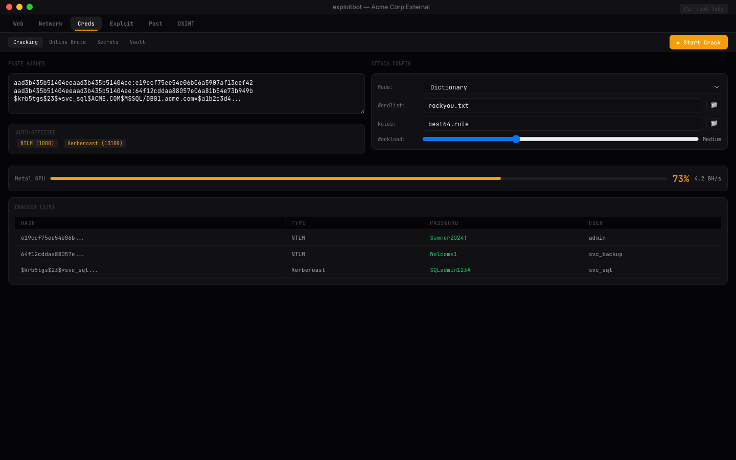 Credentials tab — hashcat GPU-accelerated cracking with progress monitoring