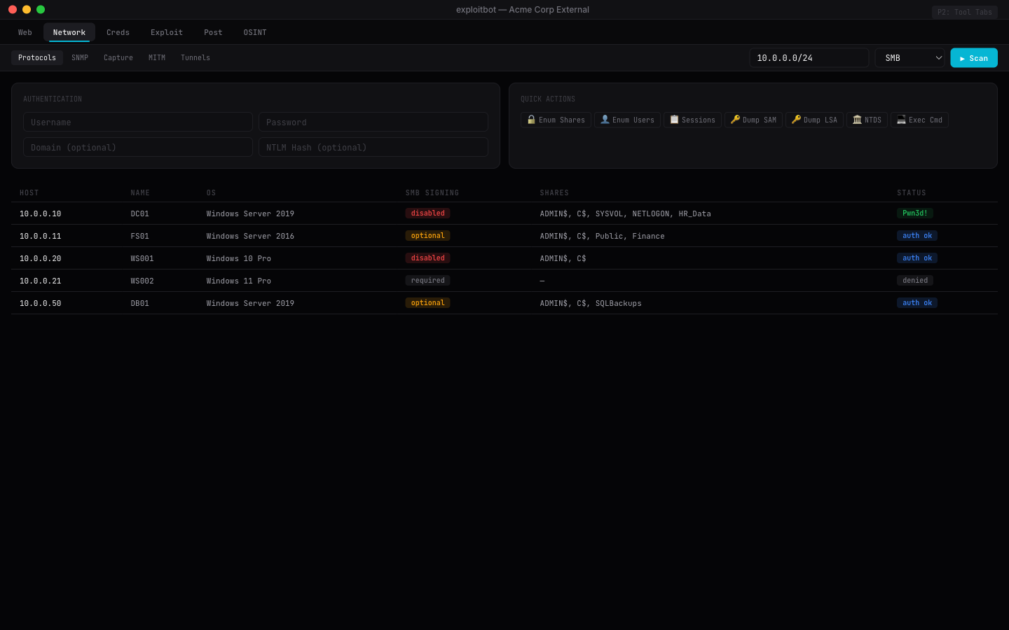 Network tab — SMB enumeration with host discovery, share mapping, and authentication status