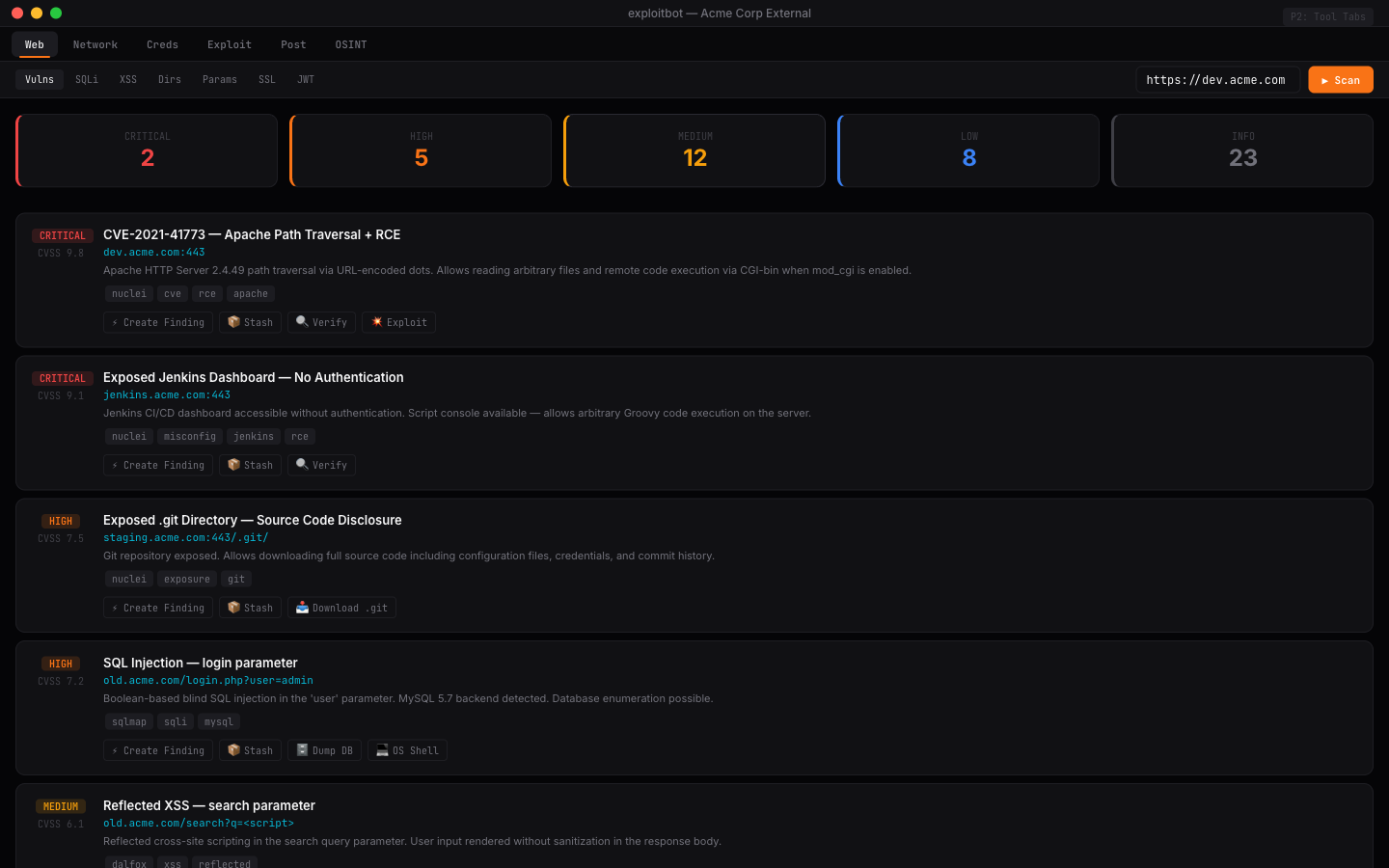Web vulnerability scanner showing findings sorted by severity with CVSS scores