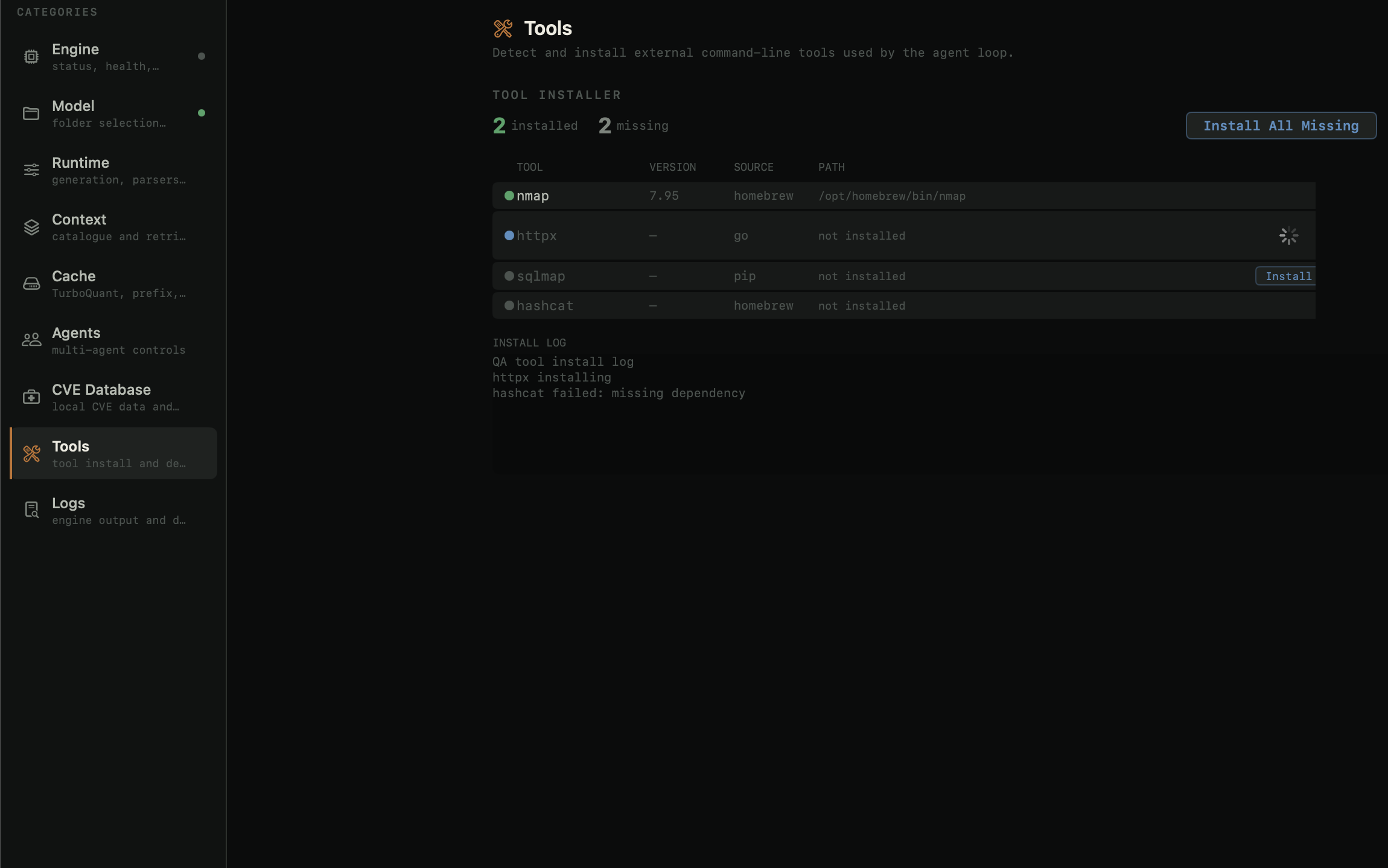 Tool settings status